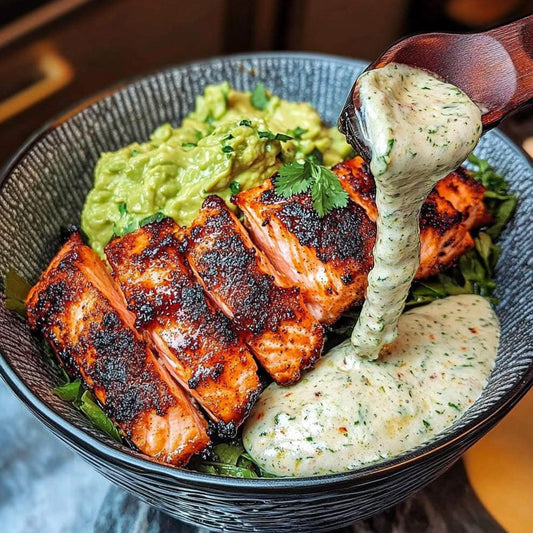 Blackened Alaskan sockeye (red) salmon in a bowl with fresh green avocado and a heaping spoonful of cilantro crema sauce