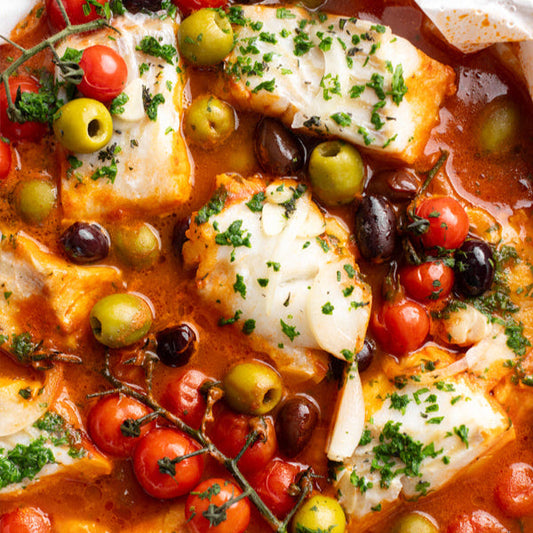 Baked Halibut with Cherry Tomatoes, Olives and Calabrian Peppers