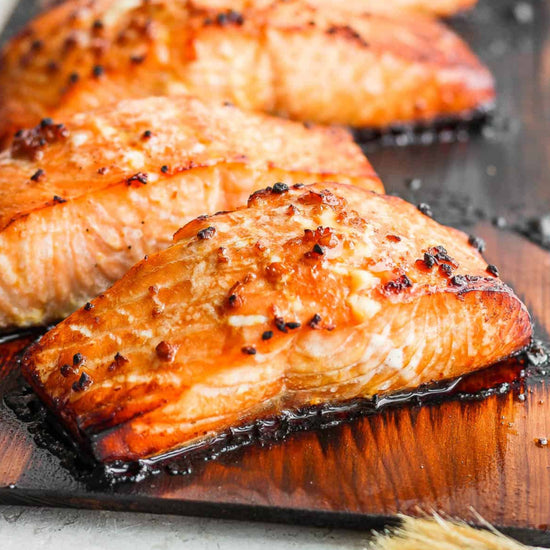 Cedar plank salmon close-up